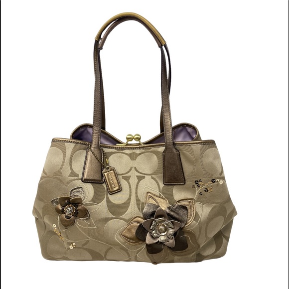 Coach Floral Embellished Tan Handbag - Picture 1 of 10